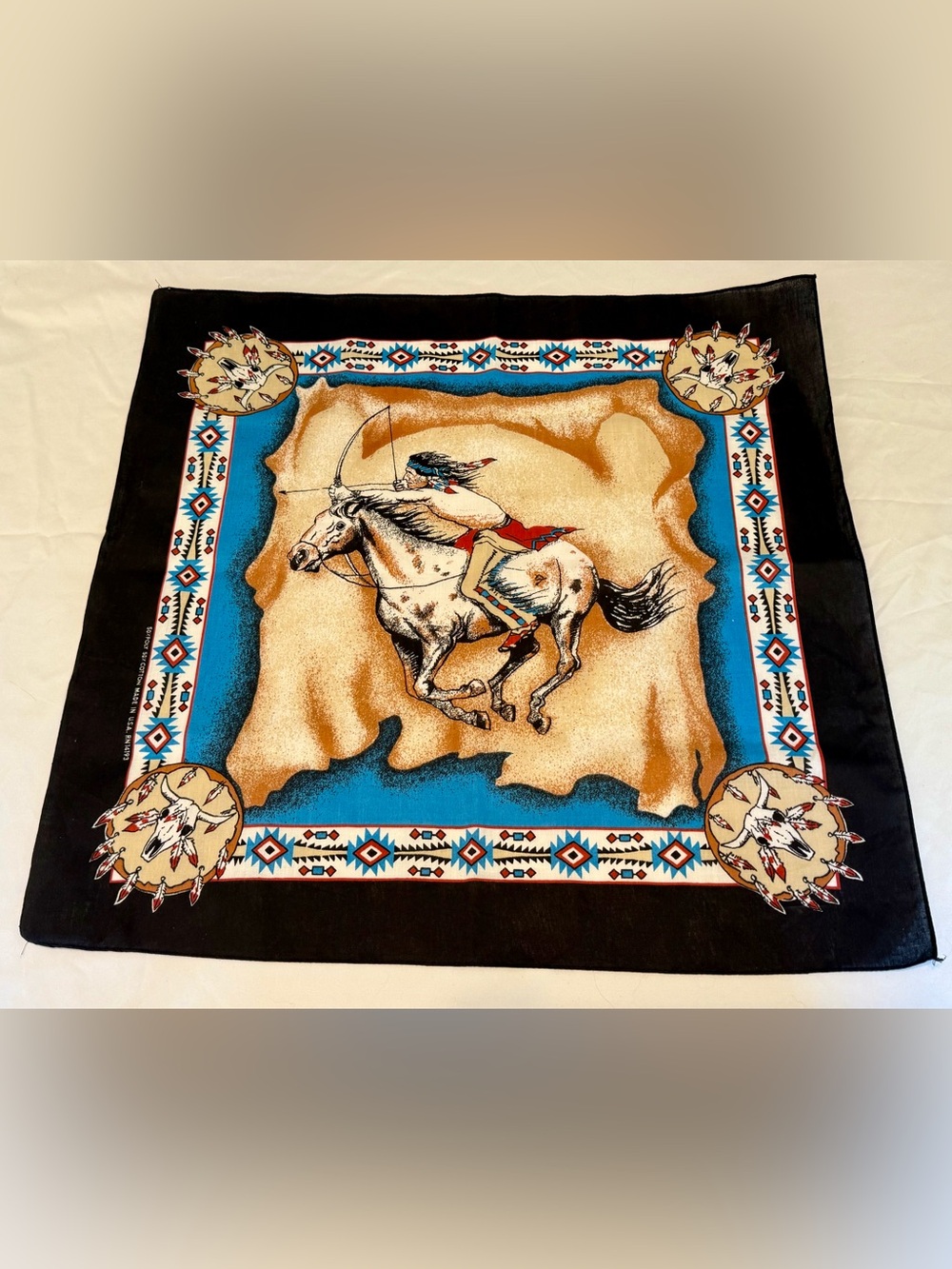 Vintage Bandana American Indian Riding Horse Western Handkerchief Made In USA